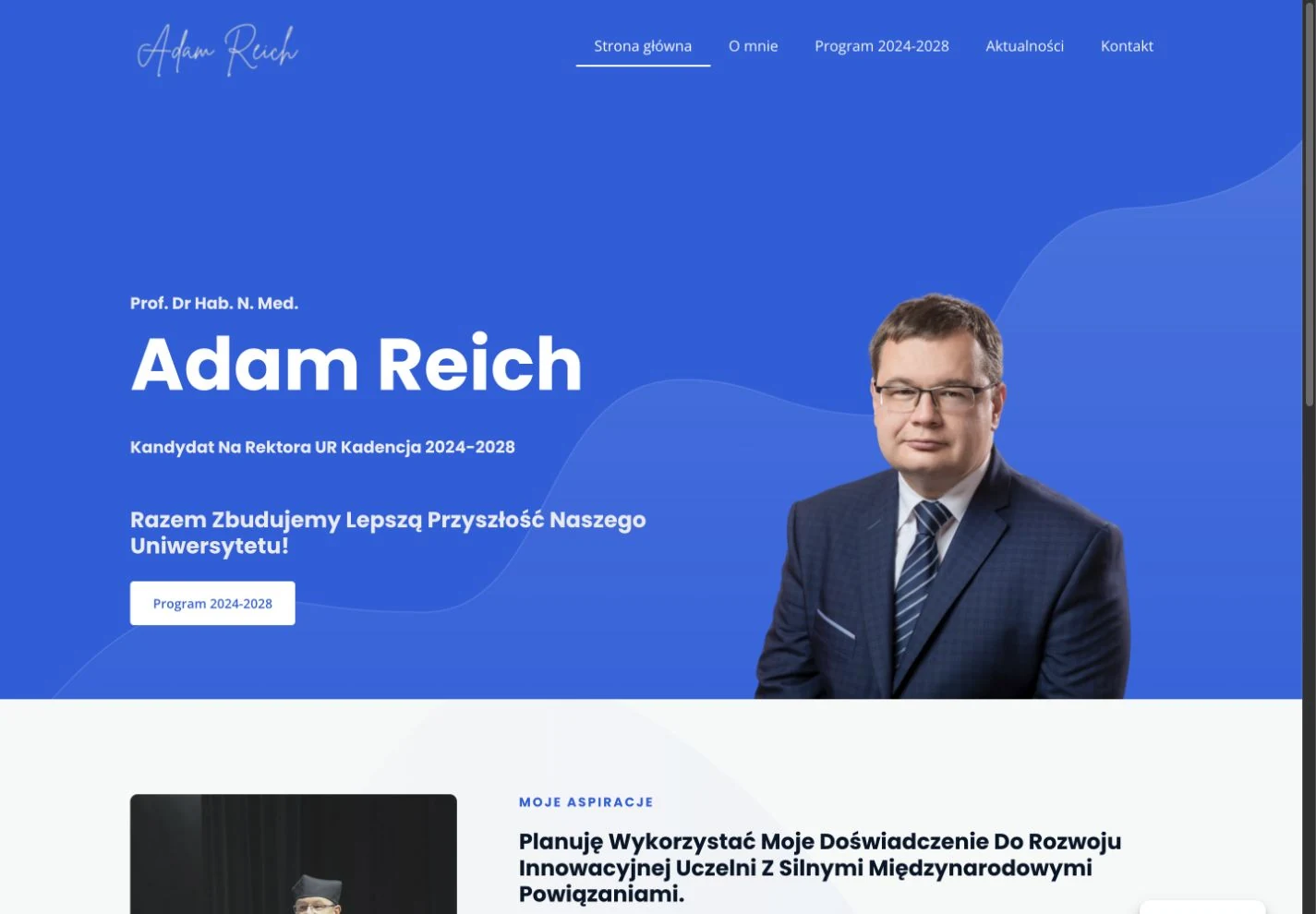 Autentyczny widok strony internetowej Prof. Adam Reich na komputerze