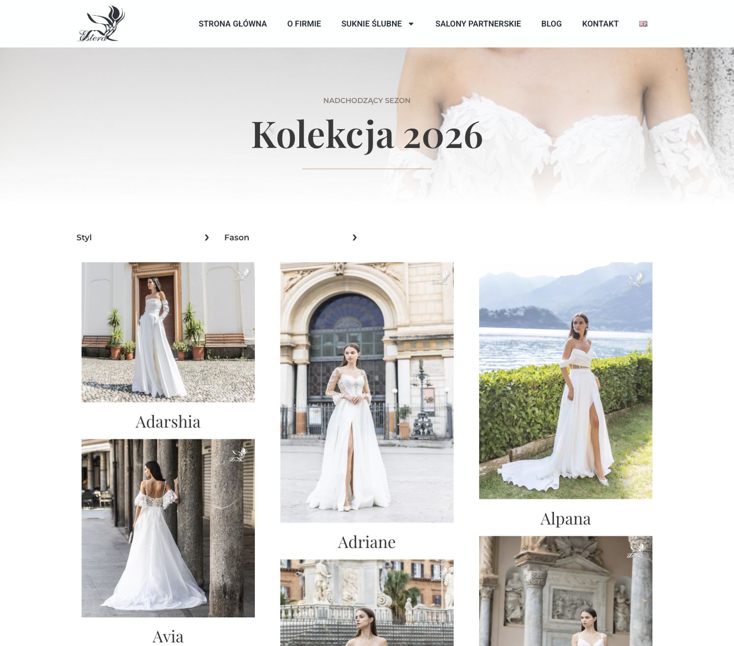 Zrzut katalogu kolekcji Estera 2026 z modelami sukien oraz filtrami stylu i fasonu