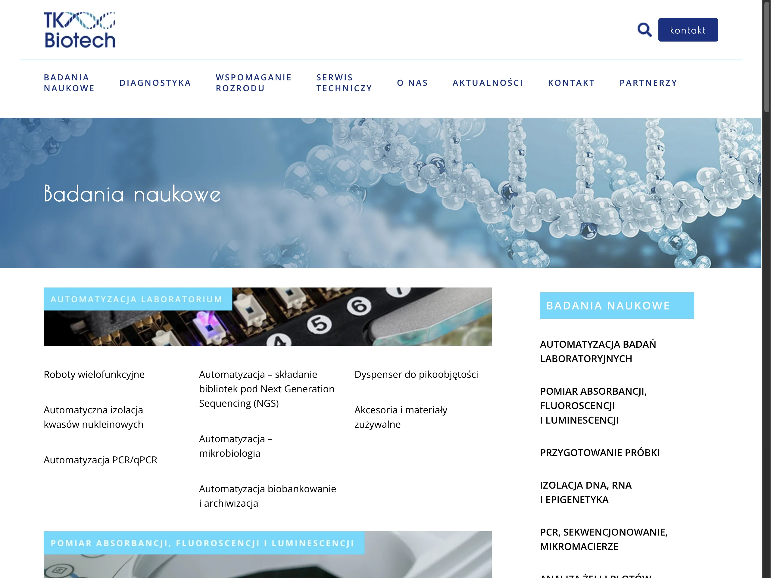 Projekt strony TK Biotech — katalog produktów dla laboratoriów w błękitnej i granatowej oprawie