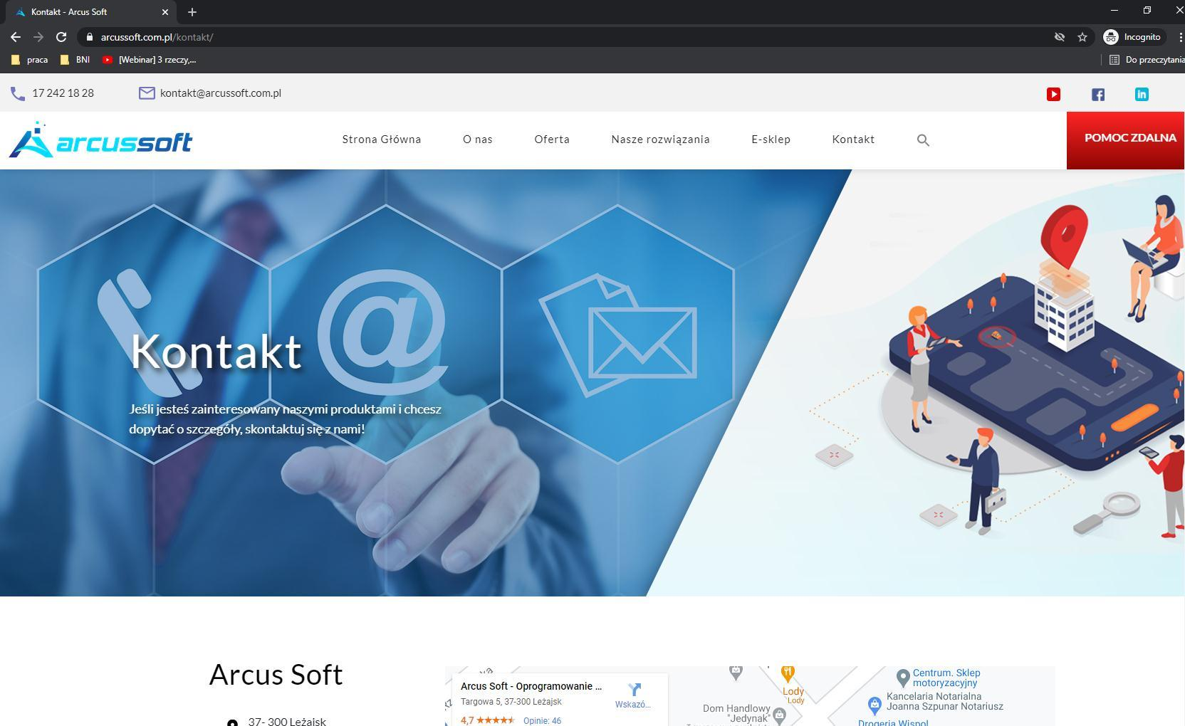 Arcus Soft: Podstrona kontaktowa — widok komputerowy