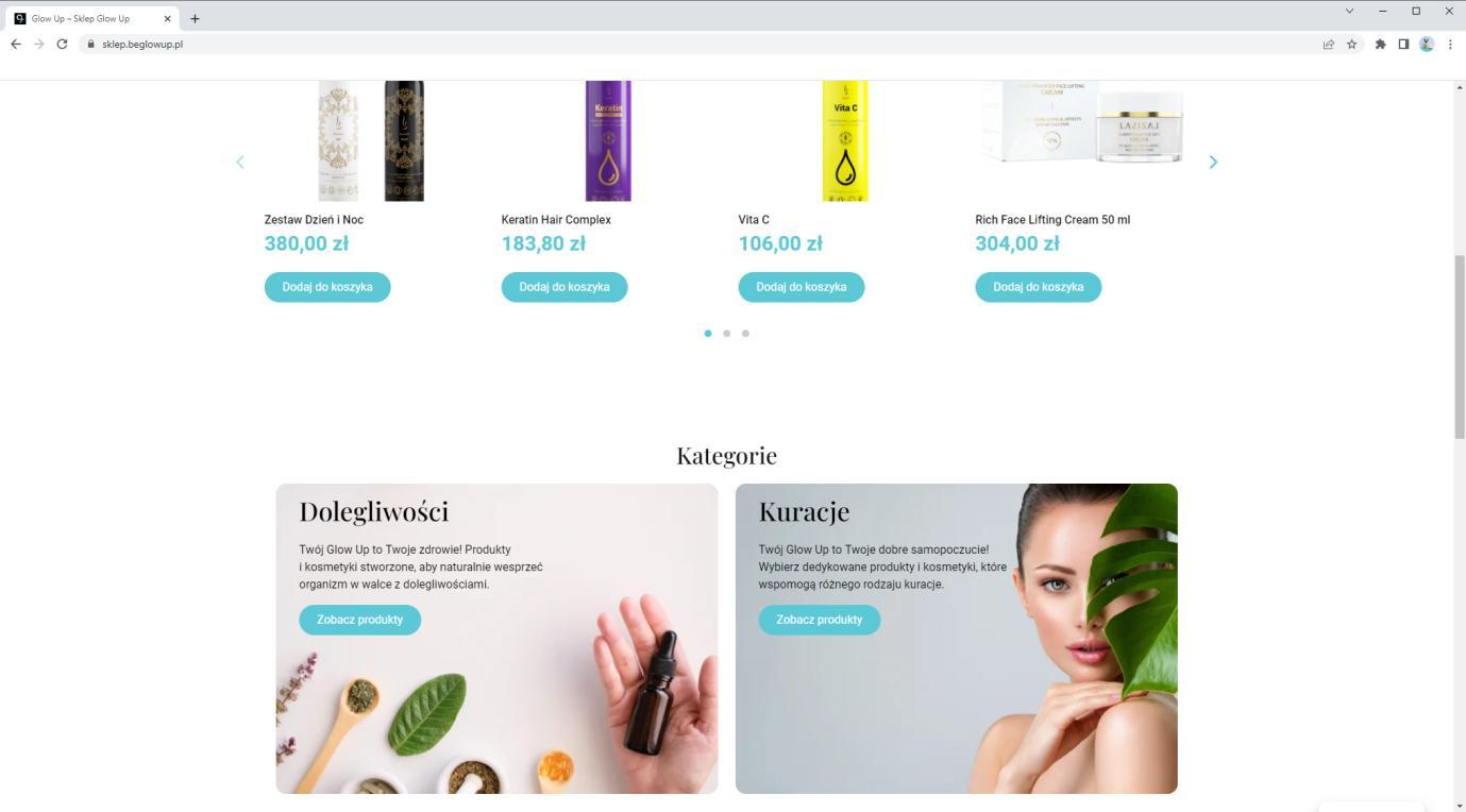 Be Glow Up: Produkty i kategorie — sekcja strony głównej
