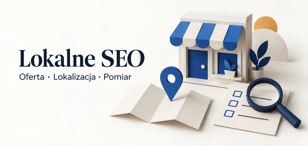 Lokalne SEO: oferta, lokalizacja, pomiar. Papierowa fasada sklepu, mapa z pinezką i lista pod lupą.