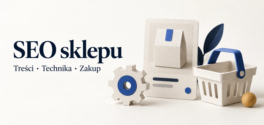 SEO sklepu: treści, technika, zakup. Papierowa karta produktu, koło zębate i koszyk zakupowy.