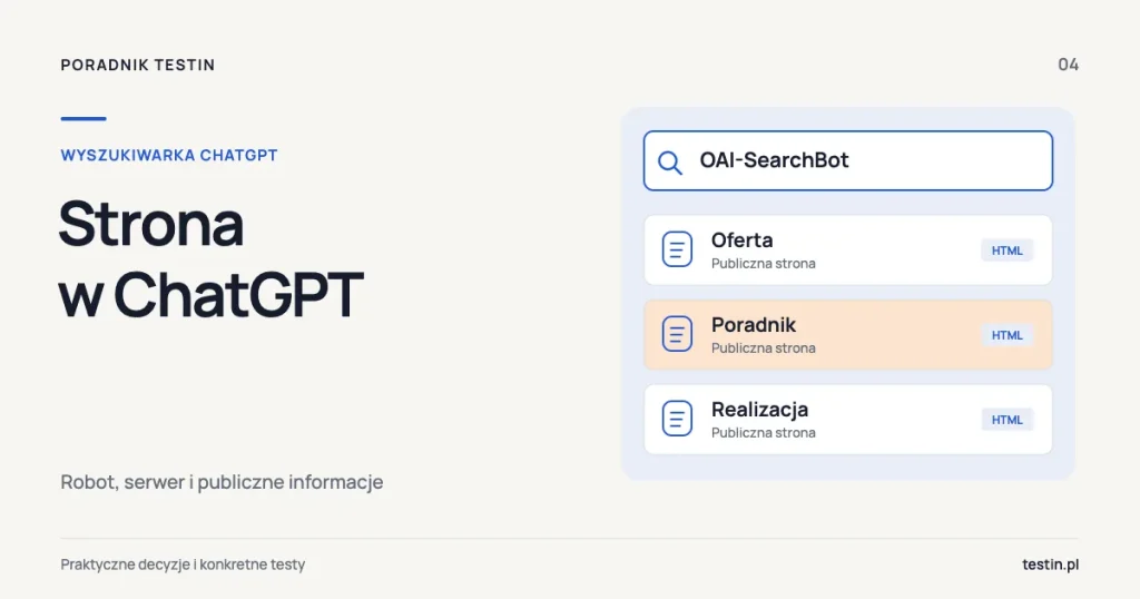 Ilustracja OAI-SearchBot i kart publicznych materiałów: oferty, poradnika oraz realizacji