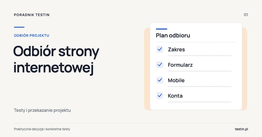 Ilustracja checklisty odbioru strony: zakres, formularz, mobile i konta