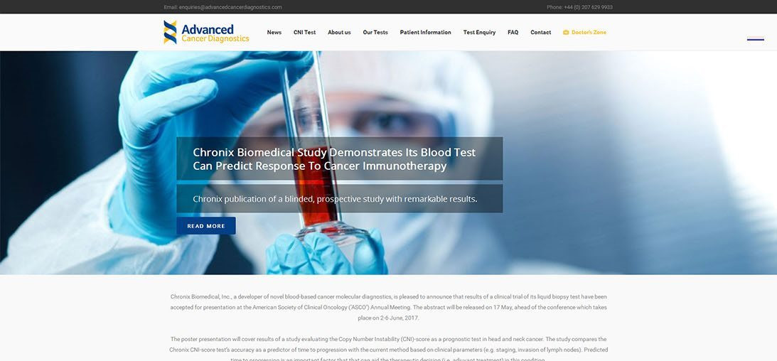 Advanced Cancer Diagnostics — Archived project views; the preserved contact view documents the historical website.